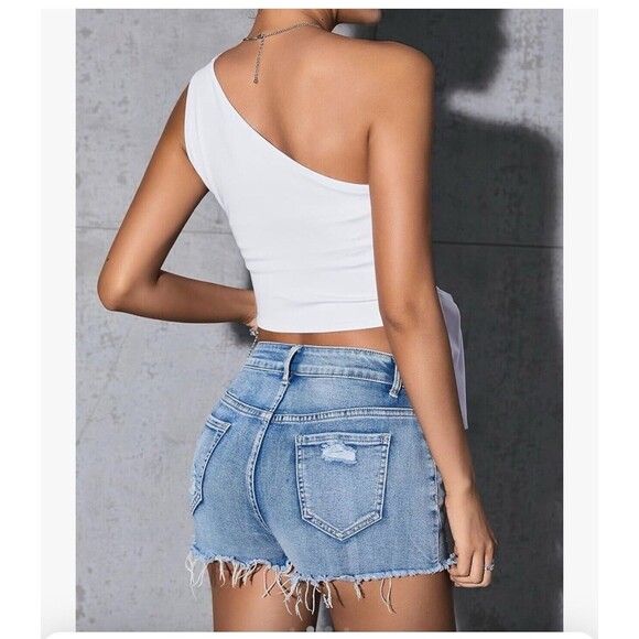 One Shoulder Side Tie Waist Crop Top WHITE SOLID ELASTIC SIZE XL - Picture 11 of 11